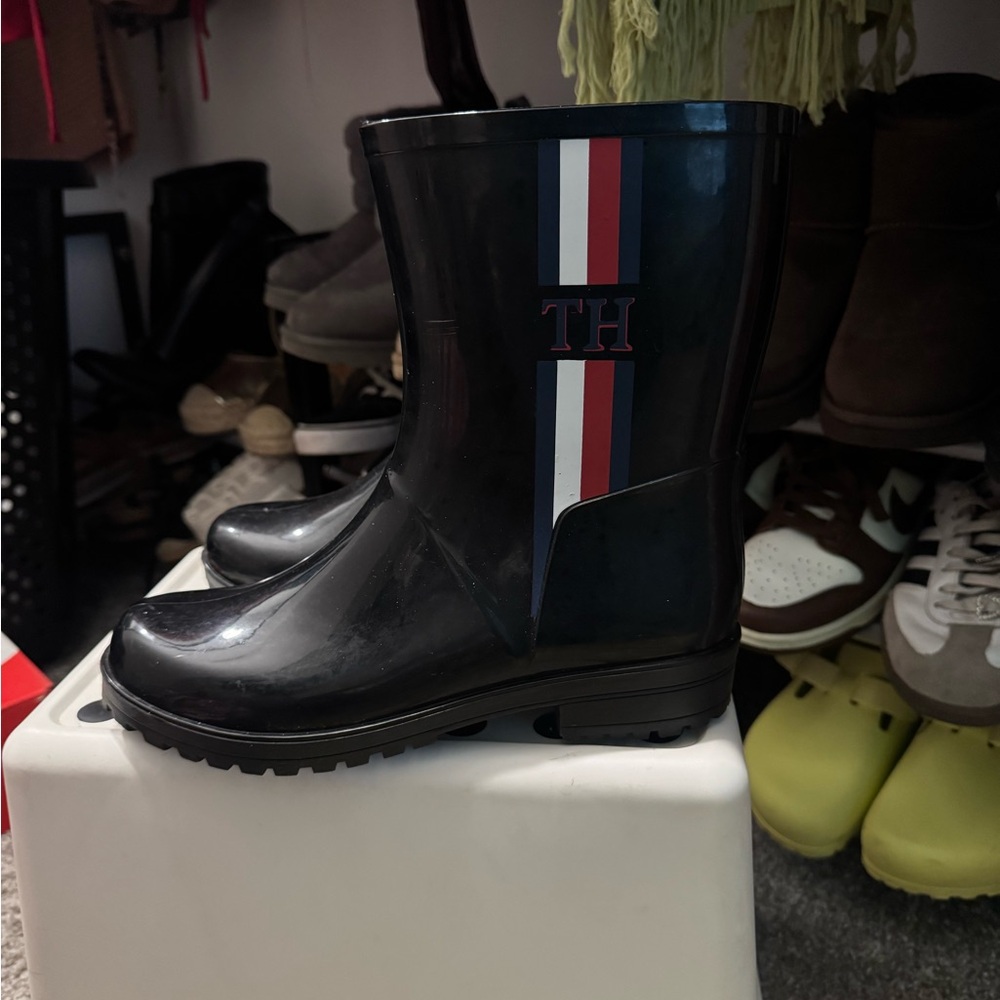 Black Tommy Hilfiger Rain Boots with Striped Logo